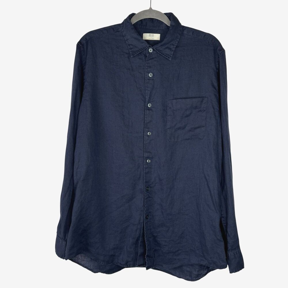 Uniqlo Men's 100% Linen Shirt Long Sleeve Coastal Size Large Navy Blue